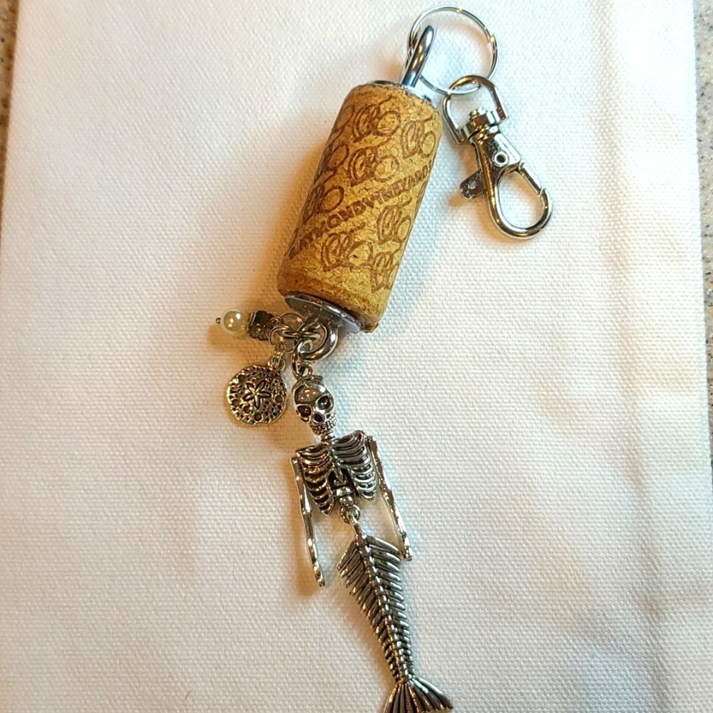 Wine Cork Key Chain - Mermaid Skeleton charms - Upcycled Wine Cork
